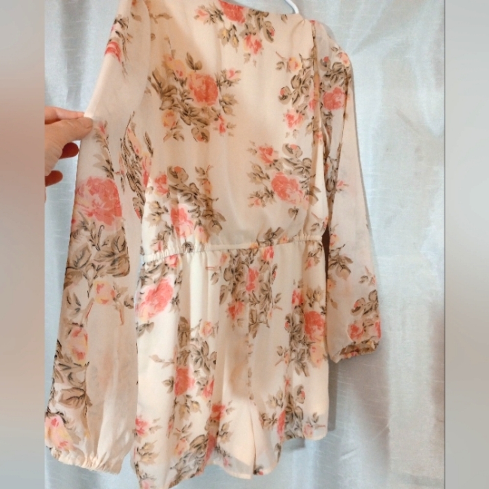 Wet Seal Vintage Romper, Long Sleeve Orange/Ivory/Green See thru Floral, L - Picture 2 of 13